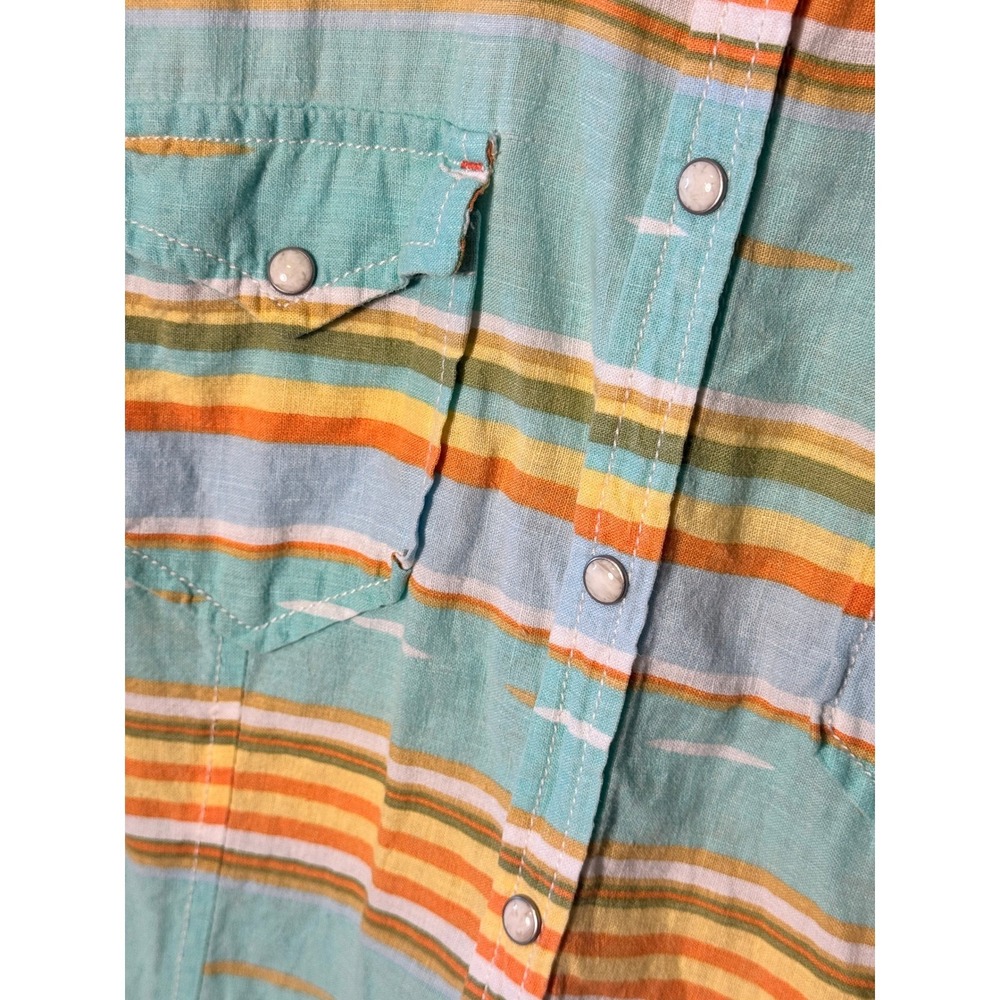 Ryan Michael Western Snap Shirt Womens M Teal Orange Stripe Linen Blend - Picture 3 of 10